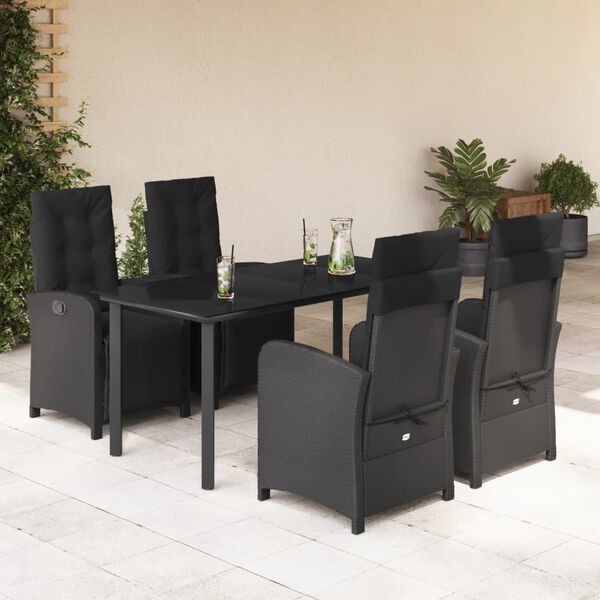 vidaXL 5 Piece Garden Dining Set with Cushions Black Poly Rattan