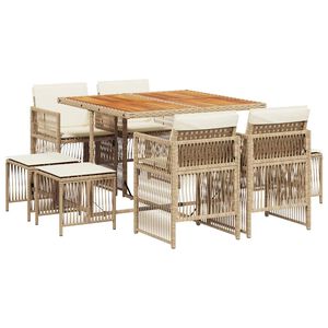 vidaXL 9 Piece Garden Dining Set with Cushions Beige Poly Rattan