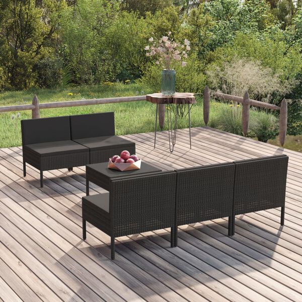 vidaXL 6 Piece Garden Lounge Set with Cushions Poly Rattan Black