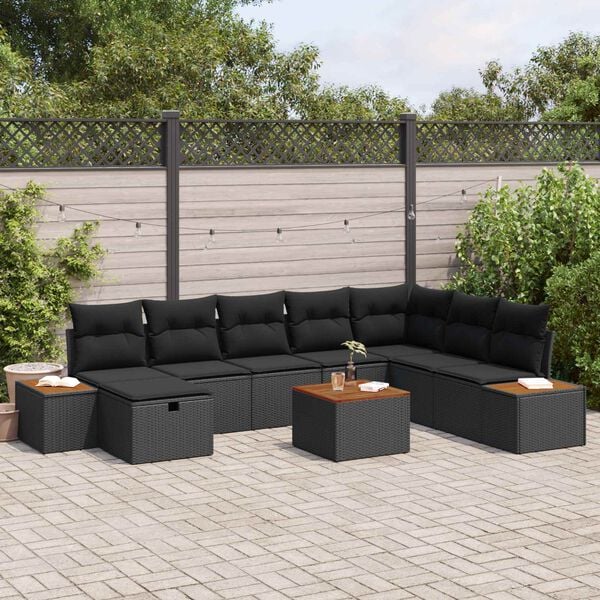 vidaXL Garden Sofa Set with Pillow 9 pcs Black Poly rattan
