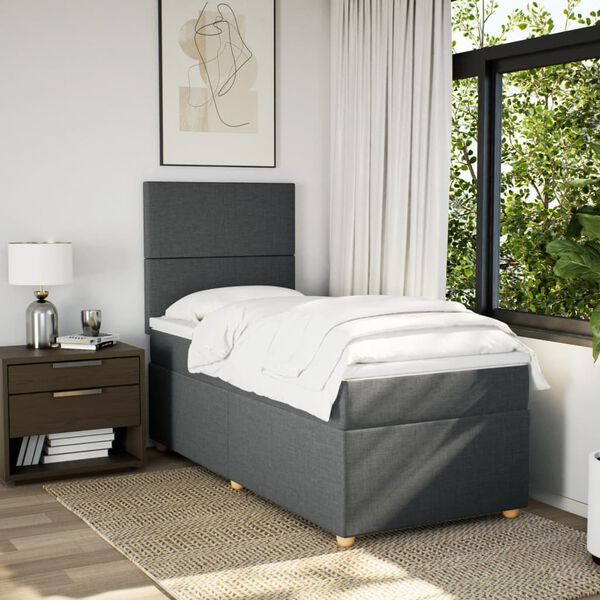 vidaXL Box Spring Bed with Mattress Dark Grey King Single Fabric