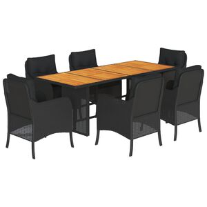 vidaXL 7 Piece Garden Dining Set with Cushions Black Poly Rattan