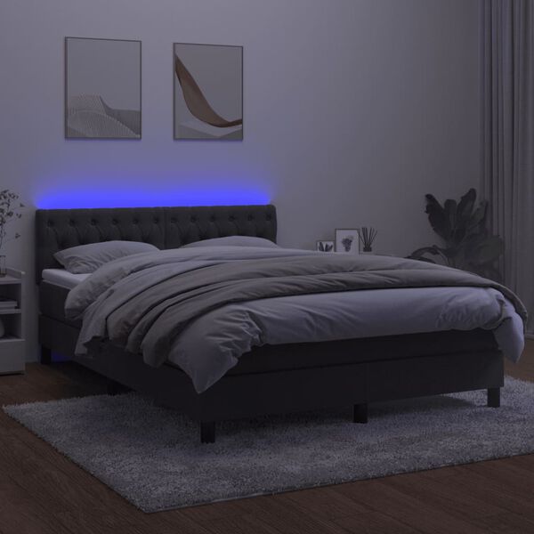 vidaXL Box Spring Bed with Mattress&LED Dark Grey 137x187 cm Double Size Velvet
