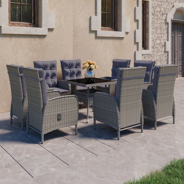 vidaXL 9 Piece Garden Dining Set Poly Rattan and Glass Grey