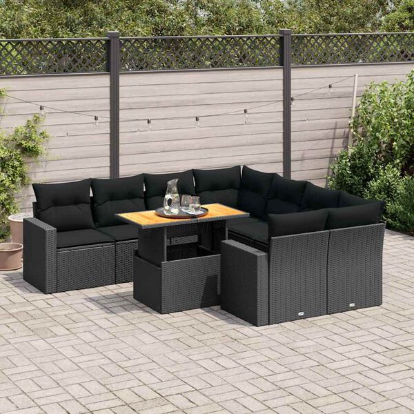 vidaXL 9 Piece Garden Sofa Set with Cushions Black Poly Rattan