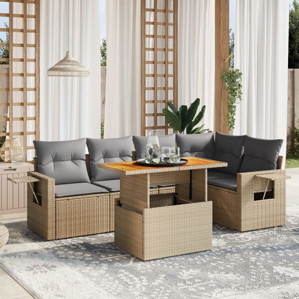vidaXL 6 Piece Garden Sofa Set with Cushions Beige Poly Rattan