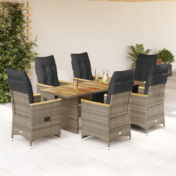vidaXL 7 Piece Garden Bistro Set with Cushions Grey Poly Rattan