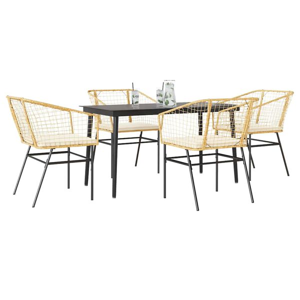 vidaXL 5 Piece Garden Dining Set with Cushions Brown Poly Rattan Glass