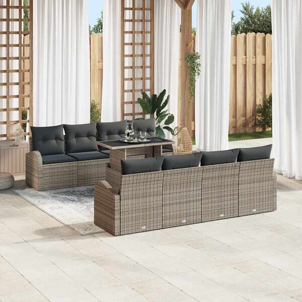 vidaXL Garden Sofa Set with Cushion Manual 9 pcs Grey Poly Rattan