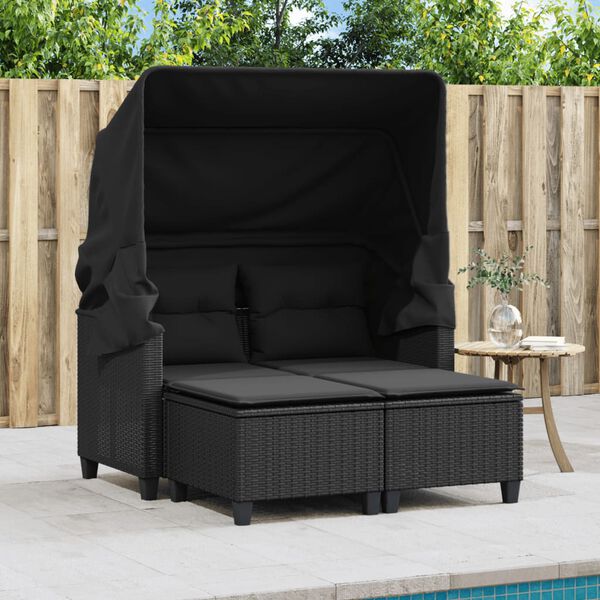 vidaXL Garden Sofa 2-Seater with Canopy and Stools Black Poly Rattan