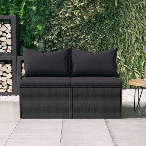 vidaXL Garden Middle Sofas with Cushions 2 pcs Black Poly Rattan