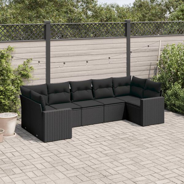vidaXL 7 Piece Garden Sofa Set with Cushions Black Poly Rattan