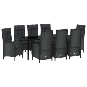 vidaXL Garden Dining Set with Cushion 9 pcs Black Poly Rattan