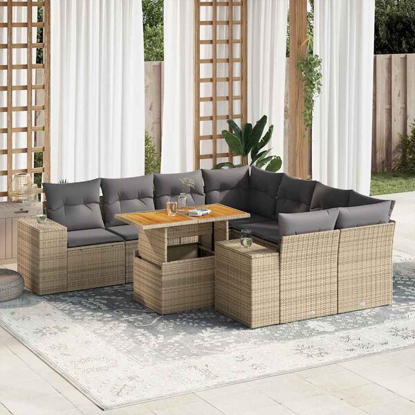 vidaXL 9 Piece Garden Sofa Set with Cushions Beige Poly Rattan