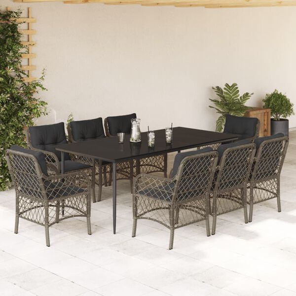 vidaXL 9 Piece Garden Dining Set with Cushions Grey Poly Rattan