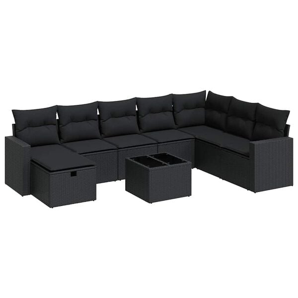 vidaXL 9 Piece Garden Sofa Set with Cushions Black Poly Rattan