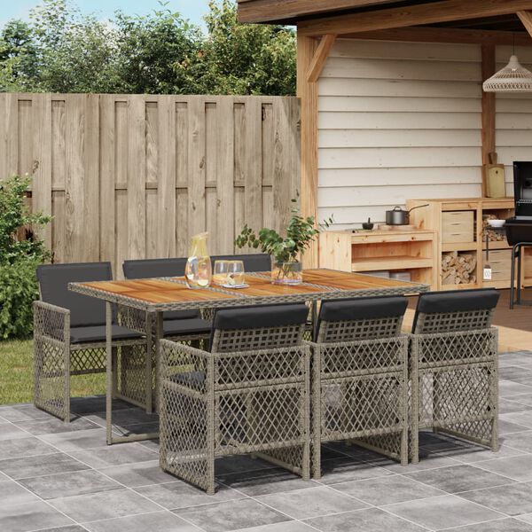 vidaXL 7 Piece Garden Dining Set with Cushions Grey Poly Rattan