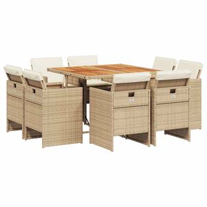 vidaXL 9 Piece Garden Dining Set with Cushions Beige Poly Rattan