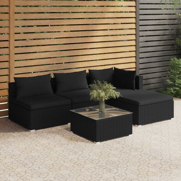 vidaXL 5 Piece Garden Lounge Set with Cushions Poly Rattan Black