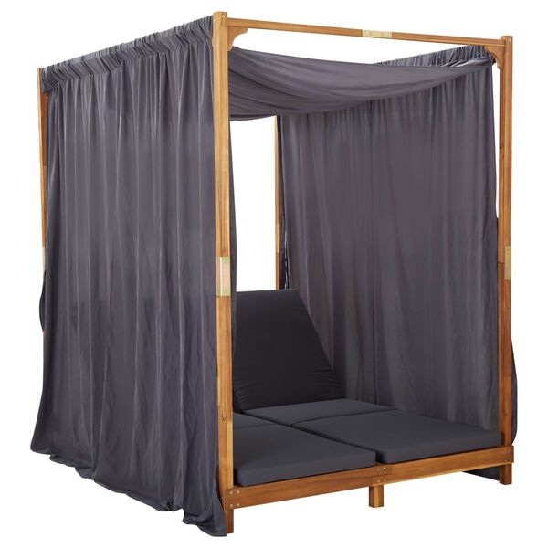 vidaXL Double Sun Lounger with Curtains & Cushions Solid Acacia Wood