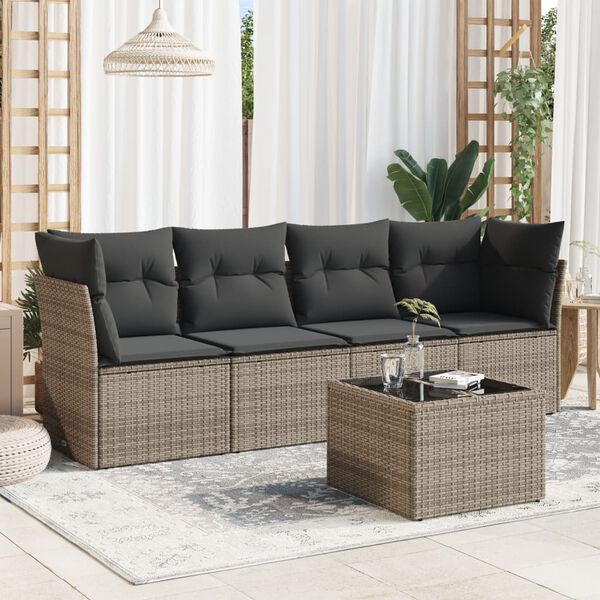 vidaXL 5 Piece Garden Sofa Set with Cushions Grey Poly Rattan