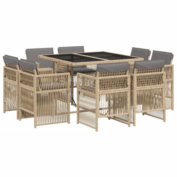 vidaXL 9 Piece Garden Dining Set with Cushions Mix Beige Poly Rattan