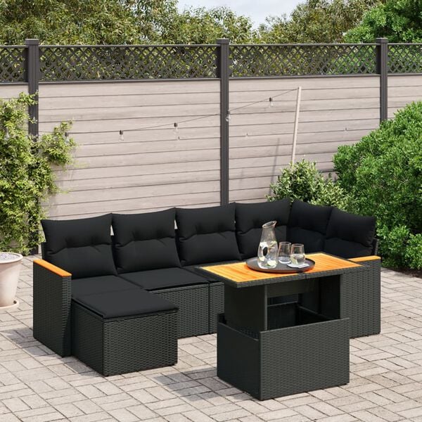 vidaXL 7 Piece Garden Sofa Set with Cushions Black Poly Rattan