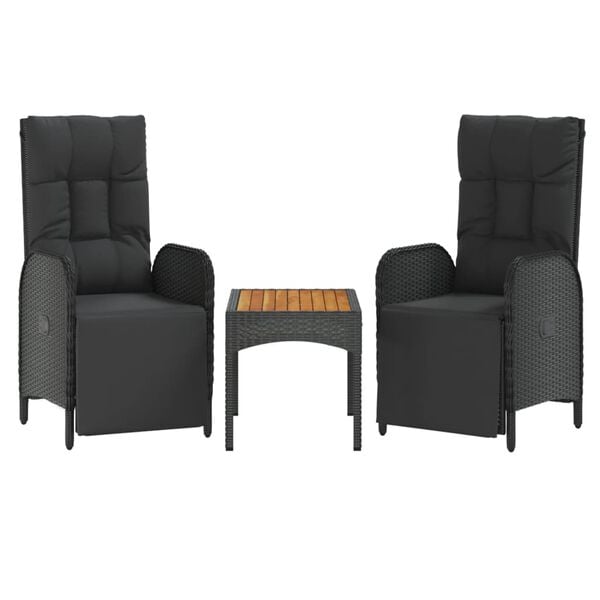 vidaXL Garden Reclining Chairs 2 pcs with Table Black Poly Rattan
