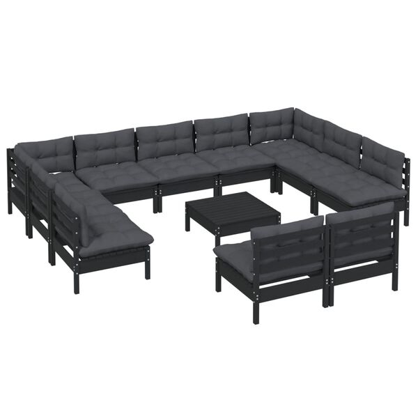 vidaXL 12 Piece Garden Lounge Set with Cushions Black Solid Pinewood
