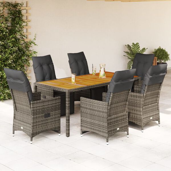 vidaXL 7 Piece Garden Bistro Set with Cushions Grey Poly Rattan
