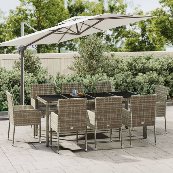vidaXL 9 Piece Garden Dining Set with Cushions Grey Poly Rattan