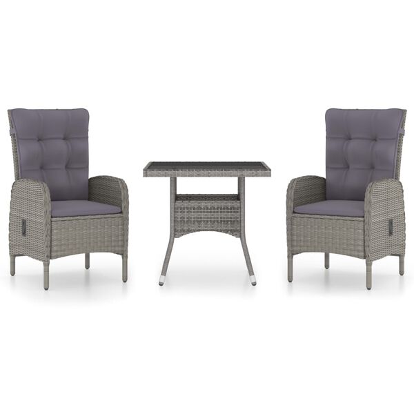 vidaXL 3 Piece Garden Dining Set Poly Rattan and Glass Grey
