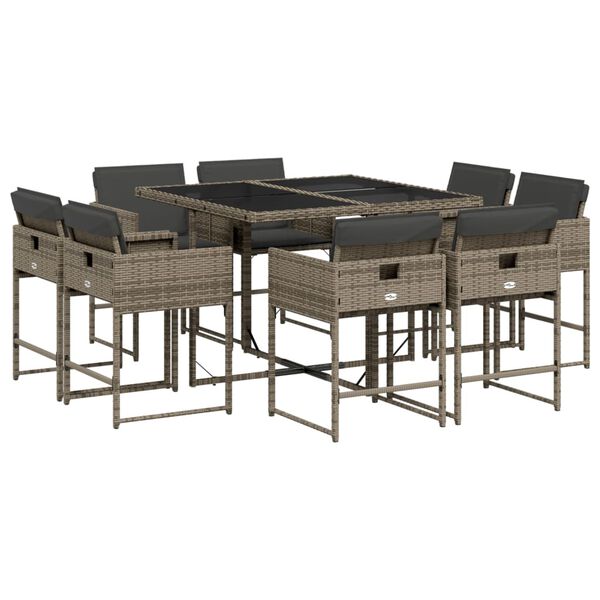 vidaXL 9 Piece Garden Dining Set with Cushions Grey Poly Rattan