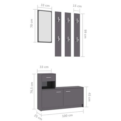 vidaXL Hallway Unit High Gloss Grey 100x25x76.5 cm Engineered Wood
