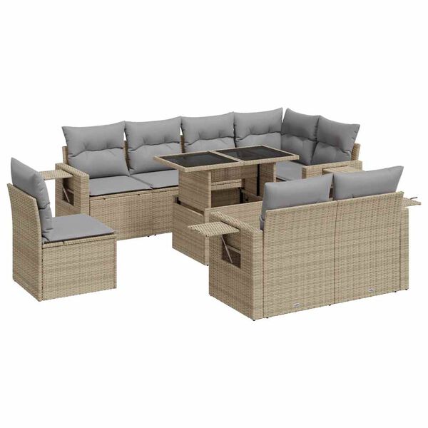 vidaXL 9 Piece Garden Sofa Set with Cushions Beige Poly Rattan