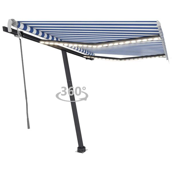 vidaXL Manual Retractable Awning with LED 300x250 cm Blue and White