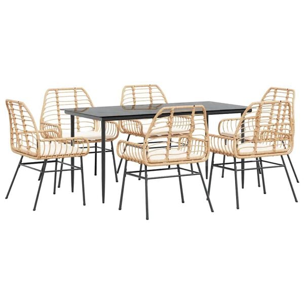 vidaXL 7 Piece Garden Dining Set with Cushions Brown Poly Rattan Glass