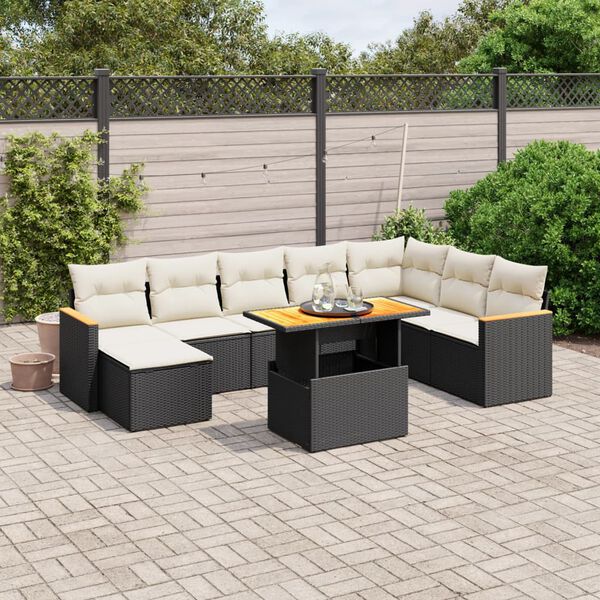 vidaXL 9 Piece Garden Sofa Set with Cushions Black Poly Rattan