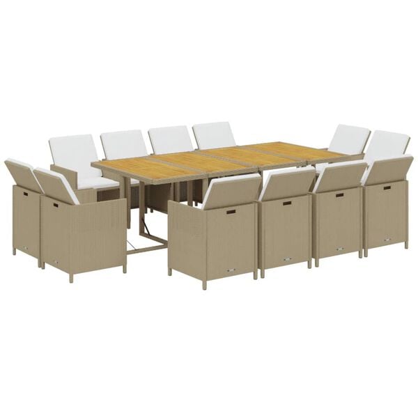 vidaXL 13 Piece Garden Dining Set with Cushions Poly Rattan Beige