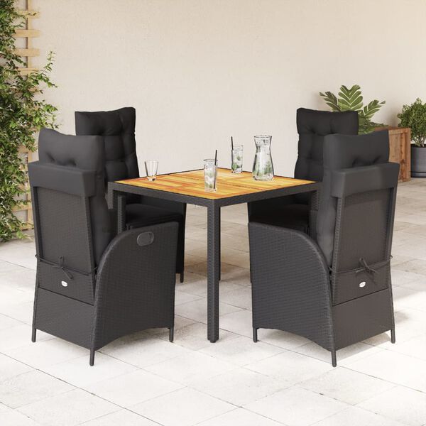 vidaXL 5 Piece Garden Dining Set with Cushions Black Poly Rattan