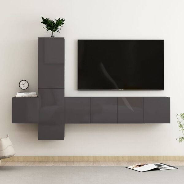 vidaXL 5 Piece TV Cabinet Set High Gloss Grey Engineered Wood