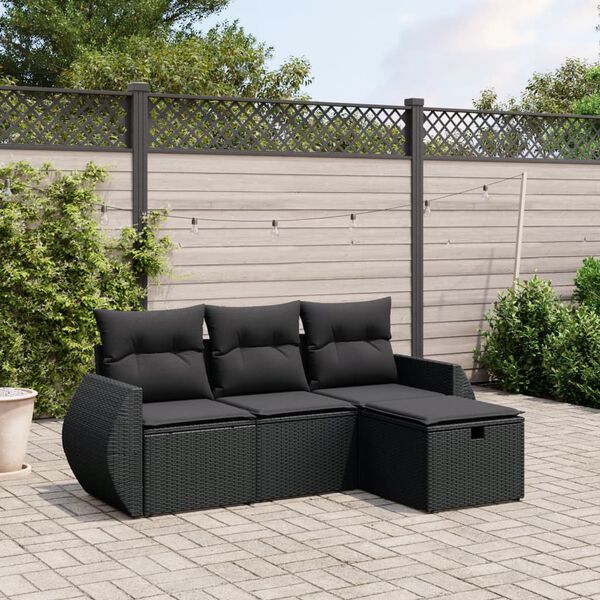 vidaXL 4 Piece Garden Sofa Set with Cushions Black Poly Rattan