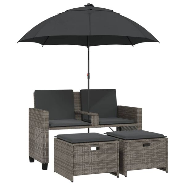 vidaXL Garden Sofa 2-Seater with Parasol and Stools Grey Poly Rattan