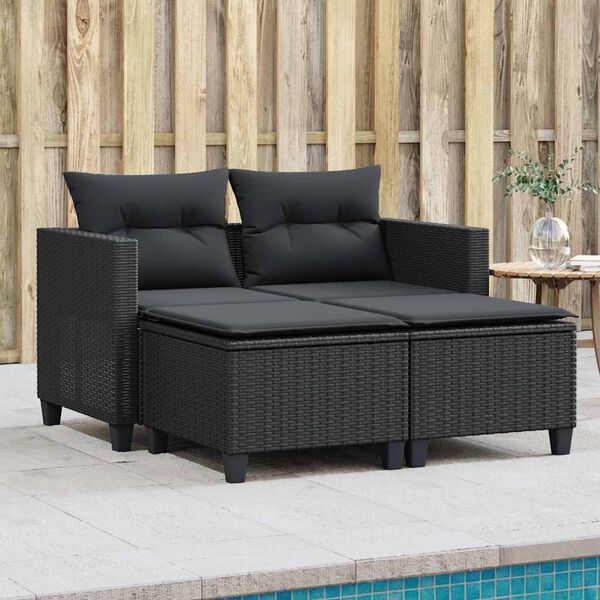 vidaXL Garden Sofa 2-Seater with Stools Black Poly Rattan