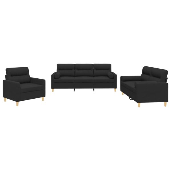 vidaXL 3 Piece Sofa Set with Pillows Black Fabric