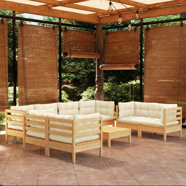 vidaXL 9 Piece Garden Lounge Set with Cream Cushions Solid Pinewood