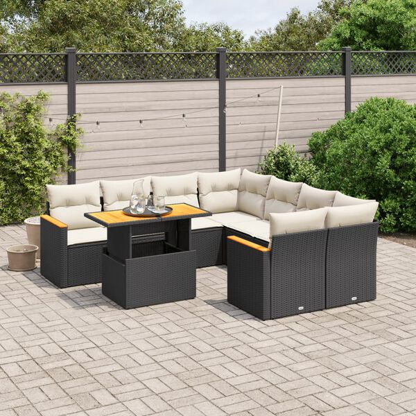 vidaXL 9 Piece Garden Sofa Set with Cushions Black Poly Rattan
