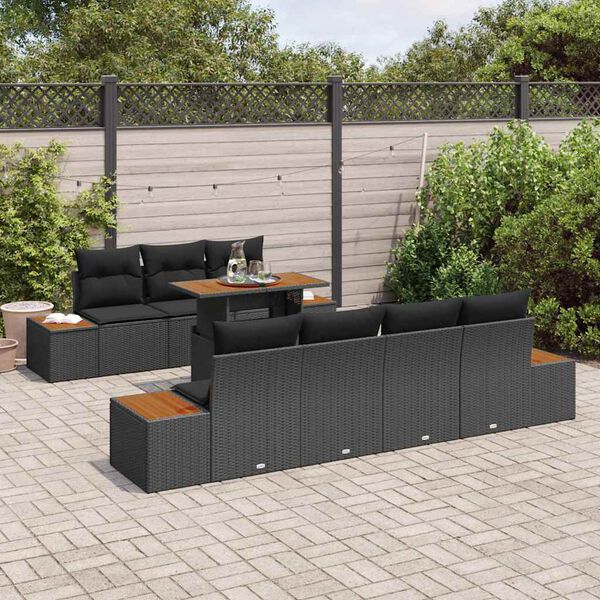 vidaXL Garden Sofa Set with Cushion 8 pcs Black Poly rattan