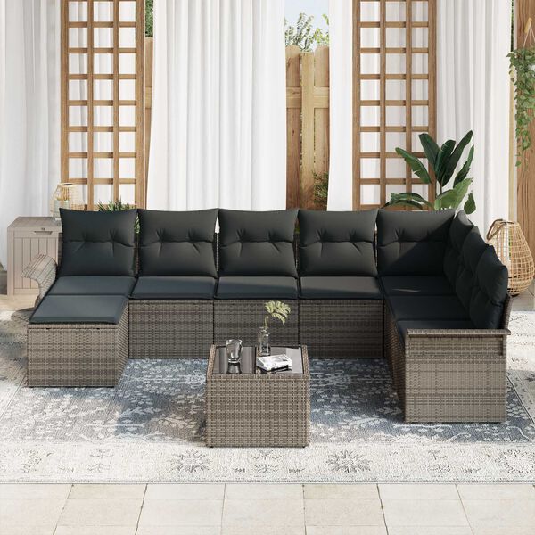 vidaXL Garden Sofa Set with Cushion 9 pcs Black Poly rattan