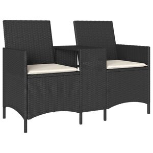 vidaXL Garden Sofa 2-Seater with Table and Cushions Black Poly Rattan